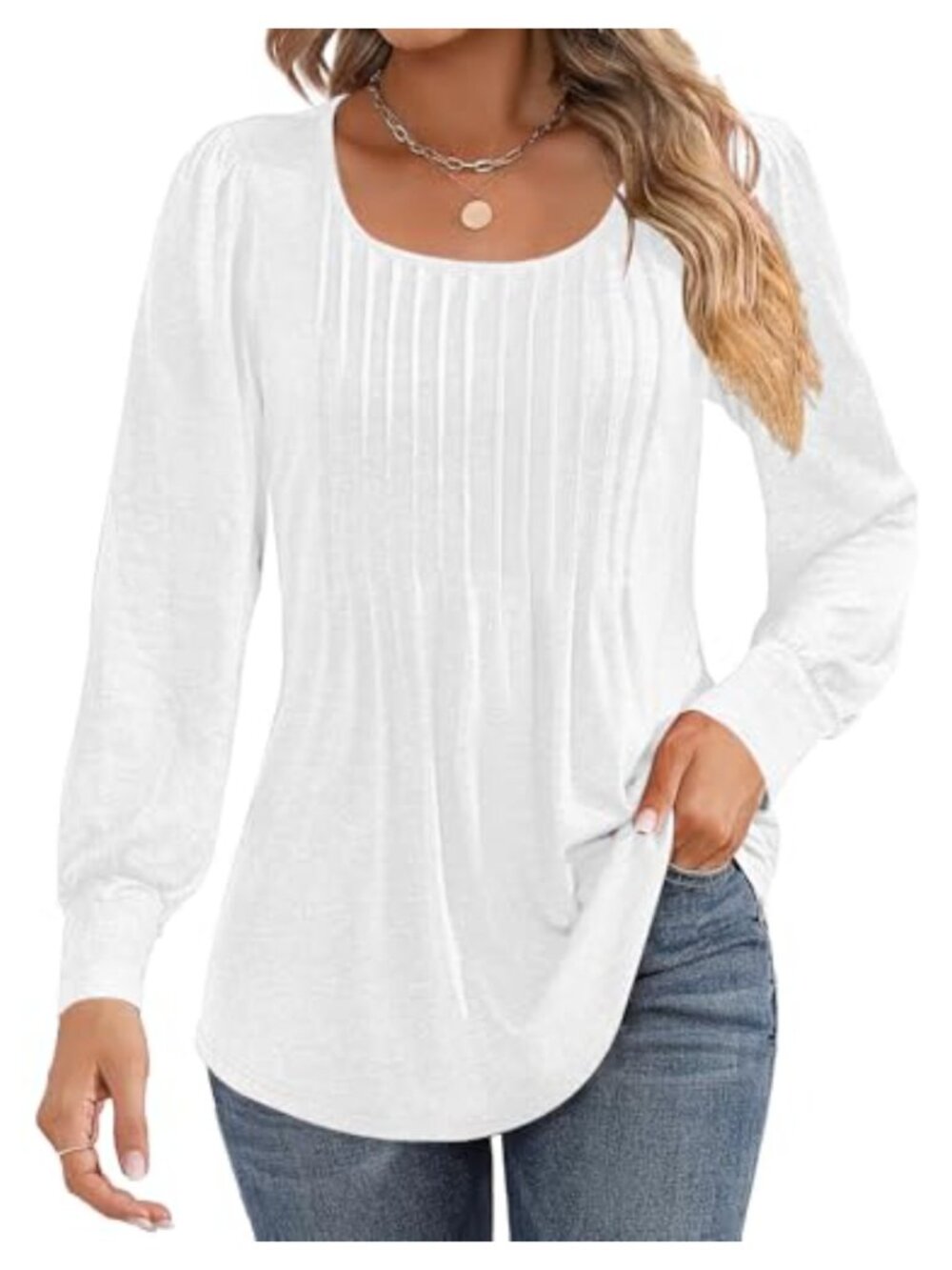 Puff Long Sleeve Pleated Boho Tunic Top Crew Neck Blouse